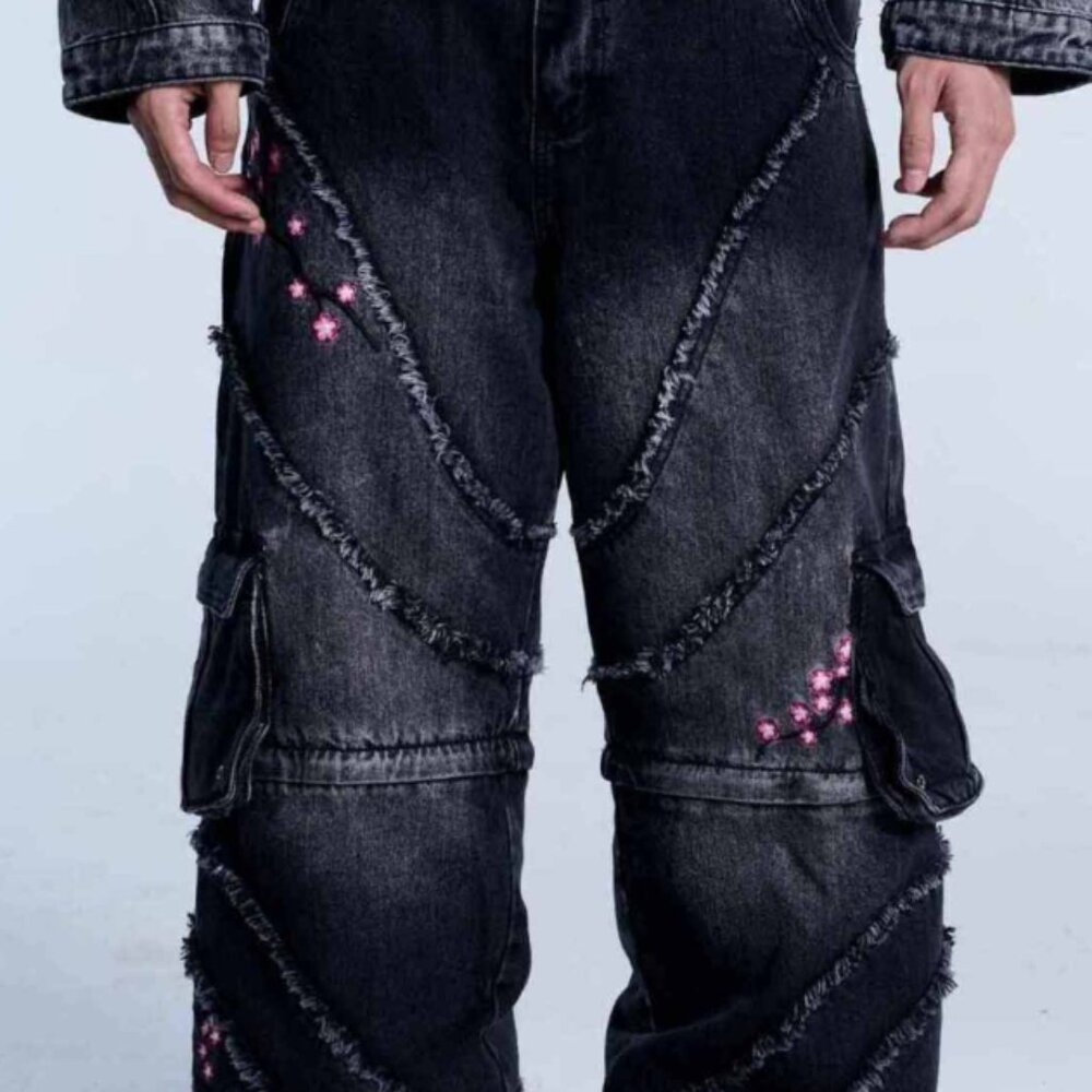 Unpractical Denim Sakura Convertible Black / Grey Denim Cargo Jeans to Shorts